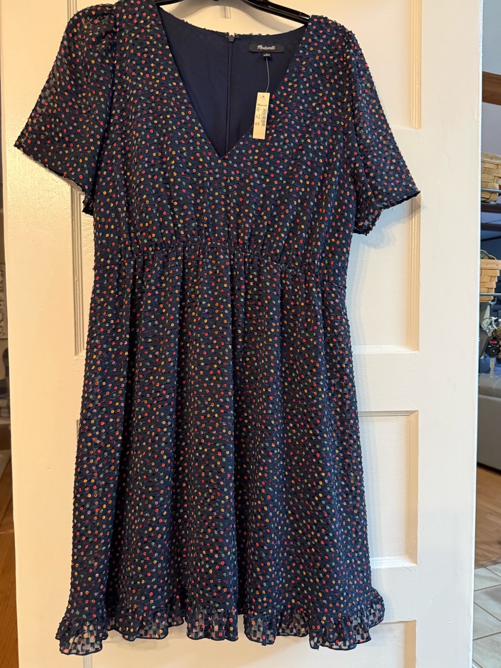 NWT Madewell Navy Swiss Dot Flutter Sleeve Midi Dress Size 8